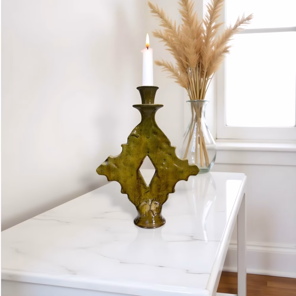 Ochre candle holder with diamond design and pampas grass decor