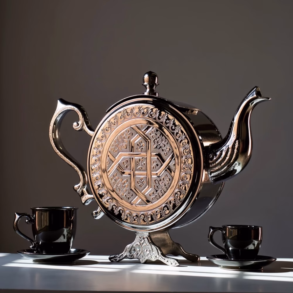 Round display teapot with dramatic lighting and black accessories