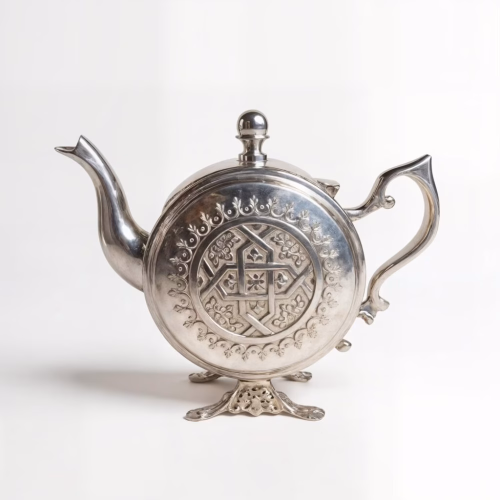 Round silver-plated display teapot with engraved pattern on ornate feet
