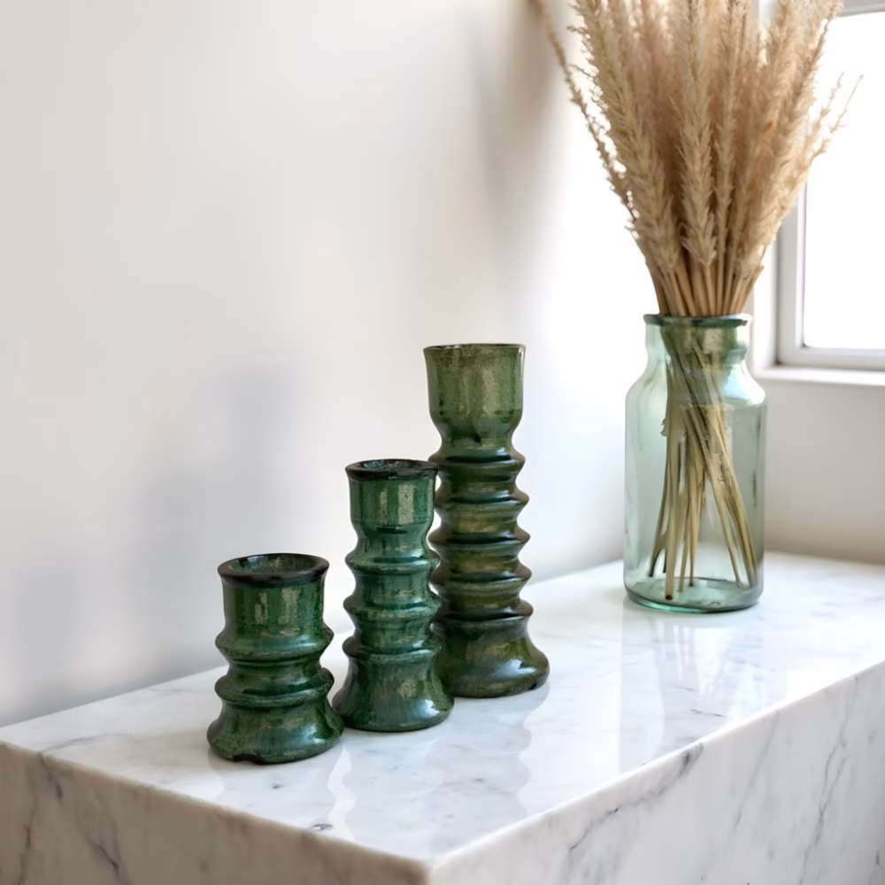 Set of 3 candle holders green Tamegroute with dried pampas grass