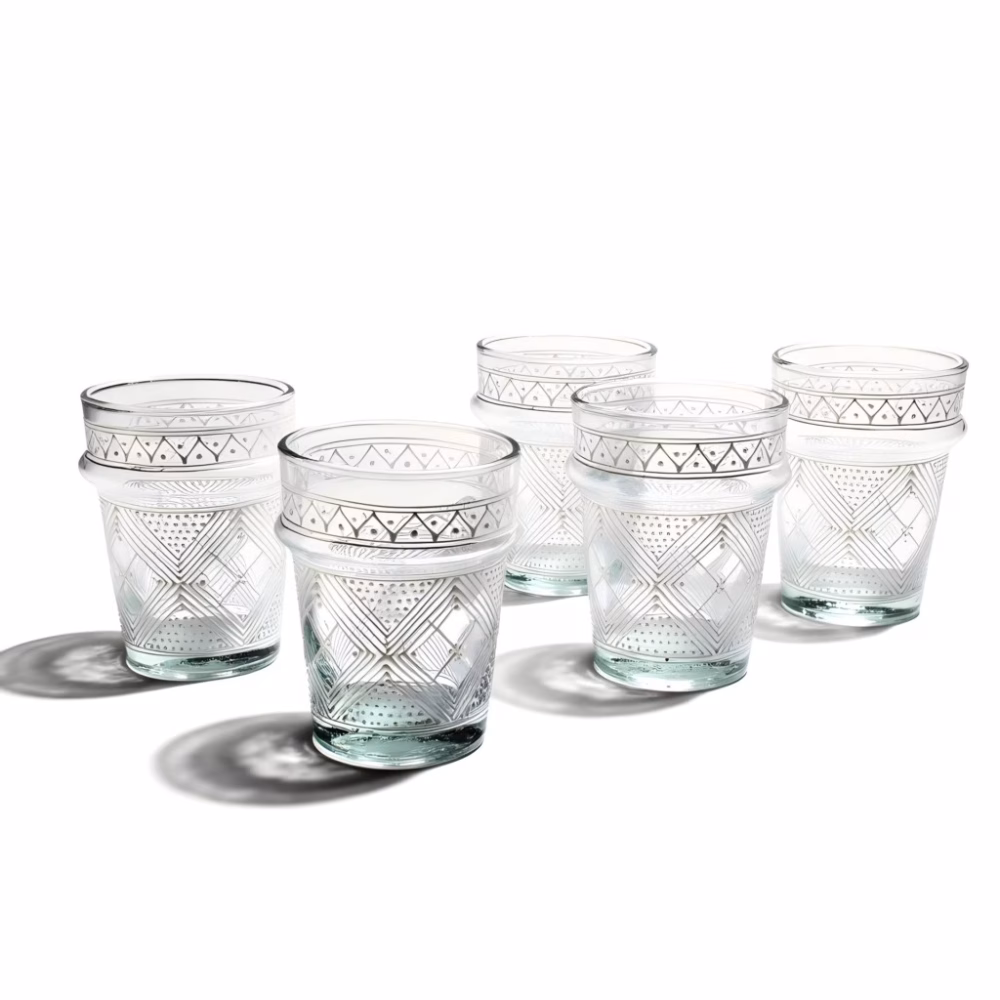 Set of six clear Moroccan tea glasses with white hand-painted pattern