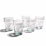 Set of six clear Moroccan tea glasses with white hand-painted pattern