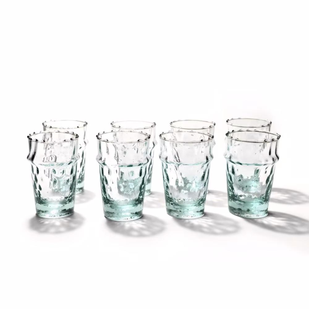 Set of six traditional Moroccan glasses of tea with intricate diamond pattern