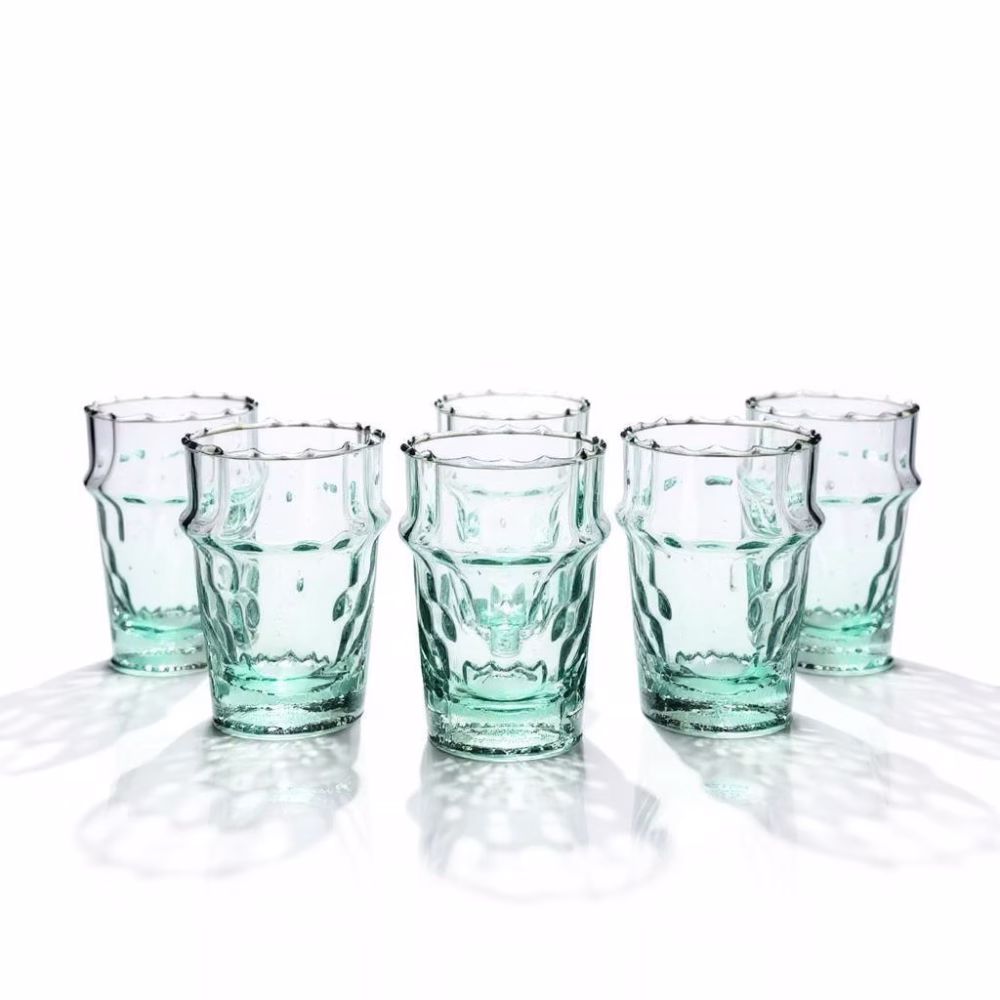 Set of six traditional Moroccan glasses of tea with intricate diamond pattern