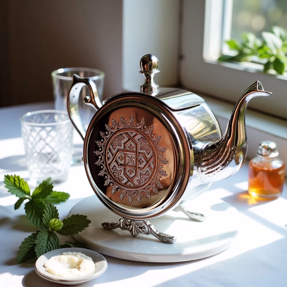 Silver round teapot with ornate feet in natural lighting