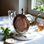 Embossed decorative silver teapot display on white table with glass and honey jar in a bright interior