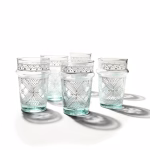 Six-piece hand-painted tea glass set showcasing white patterns