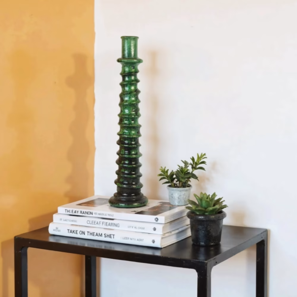 Tall candle holder in green against golden wall
