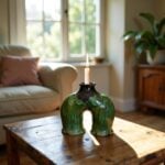 Statement green ceramic candle holder with handmade arch design on rustic wooden table in living room