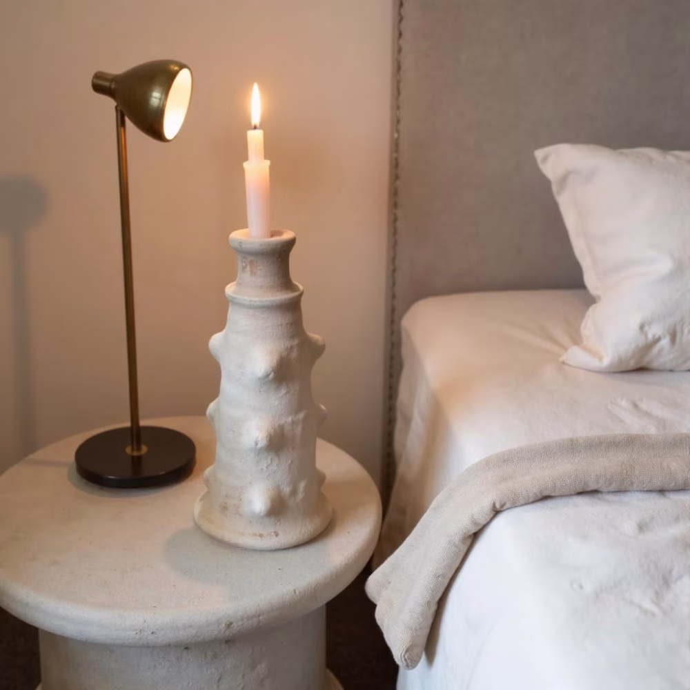 Tamegroute ceramic candlestick in modern bedroom setting