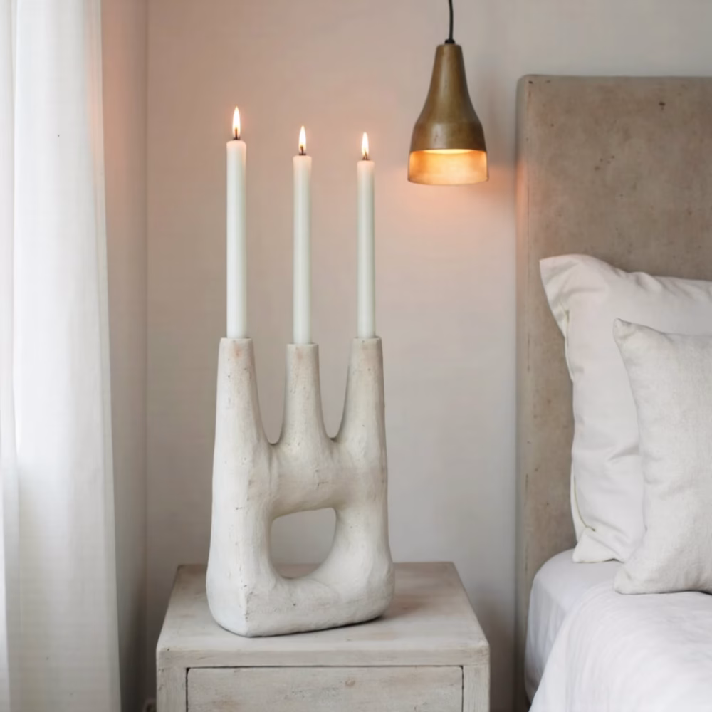 Tamegroute triple candle holder in bedroom setting