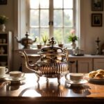 Handcrafted ribbed silver teapot ornate feet on a rustic wooden table with tea glasses in a bright kitchen