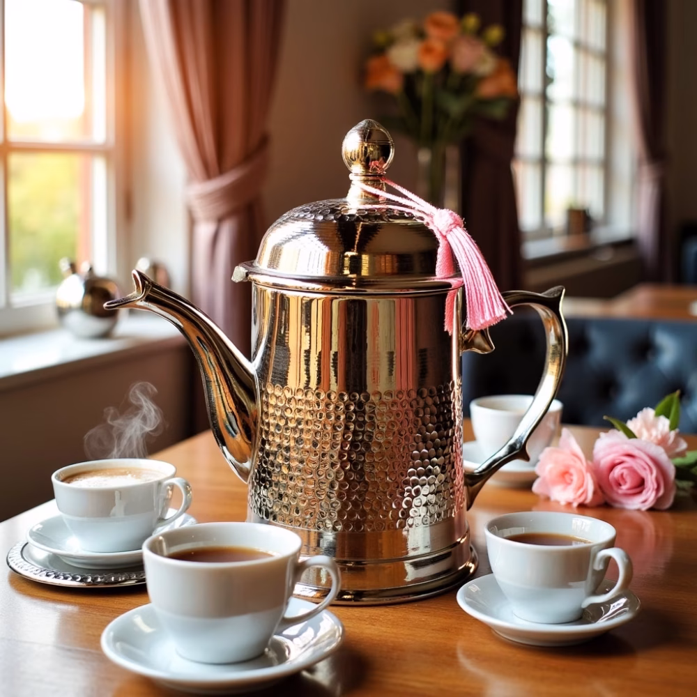 Traditional coffee pot with coffee cups and pink roses setting
