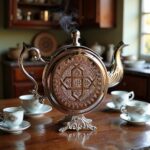 Moroccan decorative silver teapot display with rising steam and intricate medallion in a formal dining setting