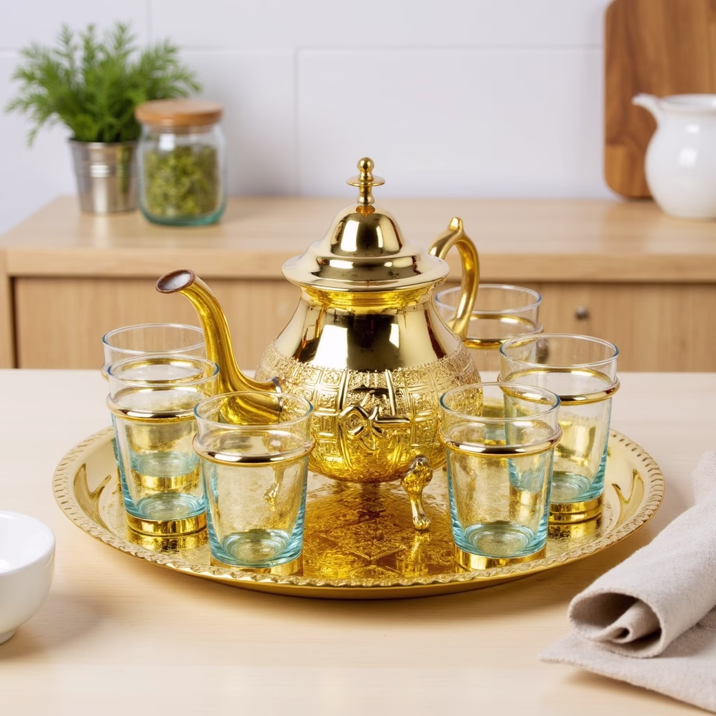 Traditional tea service sets handcrafted in brass and silver with detailed engravings