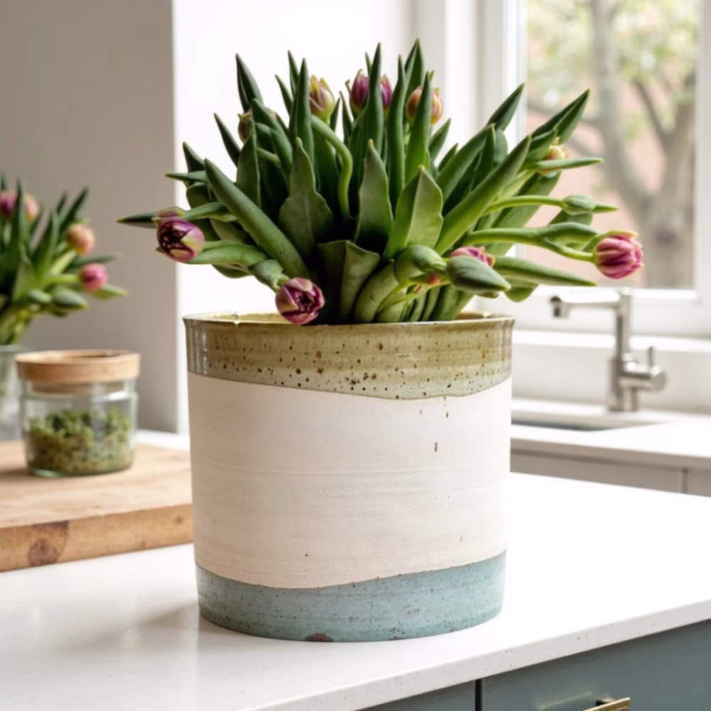 Tricolor indoor planter with tulips in natural light