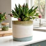 Sage green white blue ceramic indoor planter with purple tulips in bright kitchen