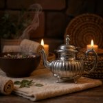 Rustic silver ribbed teapot on wooden board with candles and coffee beans in ambient lighting