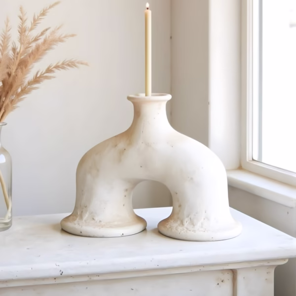 White Moroccan arch candleholder with dried pampas grass decor