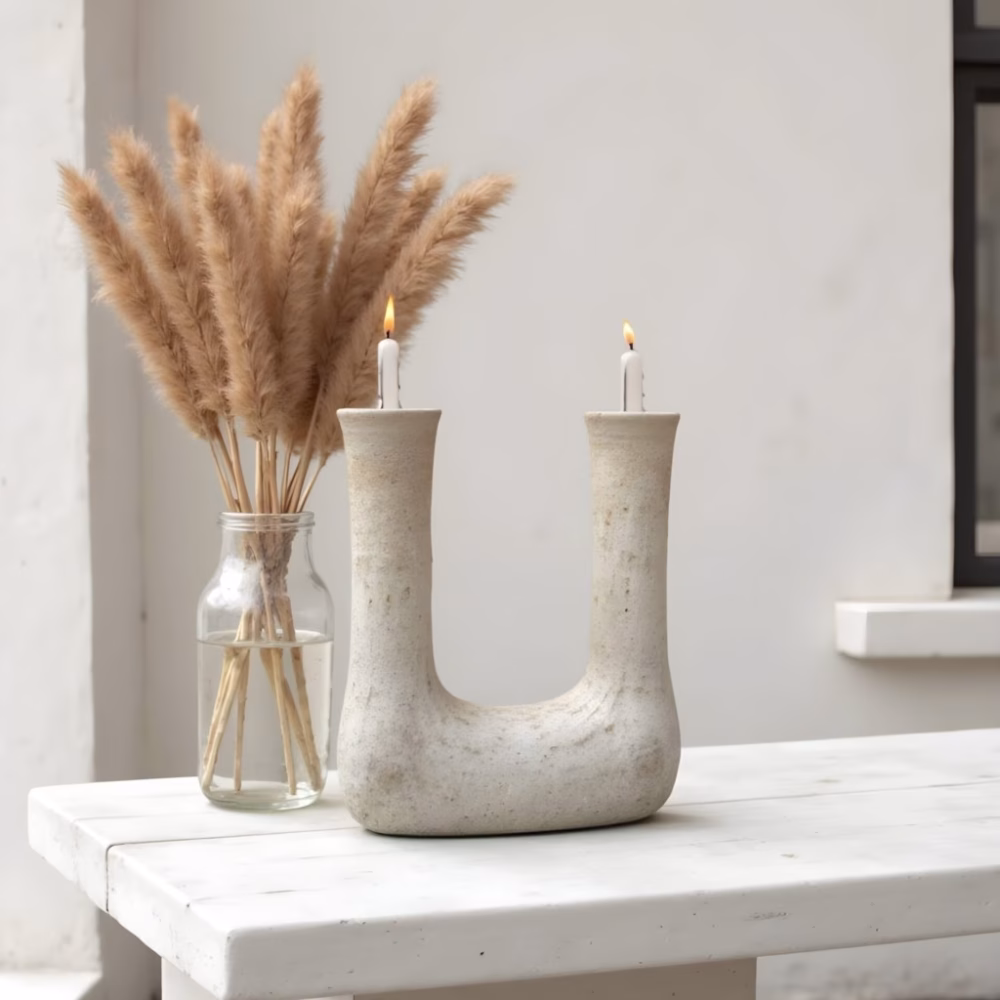 White Moroccan double candleholder with dried pampas grass decor