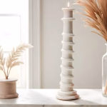 White ceramic tall candle holder with pampas grass