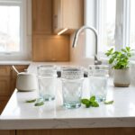 Four clear white geometric tea glasses featuring intricate painted patterns, beautifully displayed on a bright white quartz kitchen countertop next to a potted mint plant.