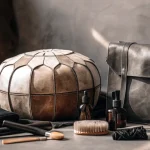 Traditional Moroccan leather goods with natural care products and tools arranged artistically