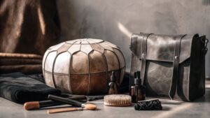 Traditional Moroccan leather goods with natural care products and tools arranged artistically