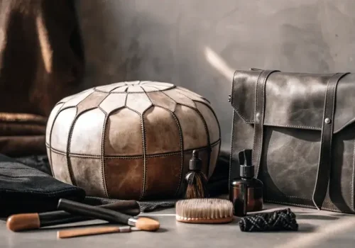 Traditional Moroccan leather goods with natural care products and tools arranged artistically