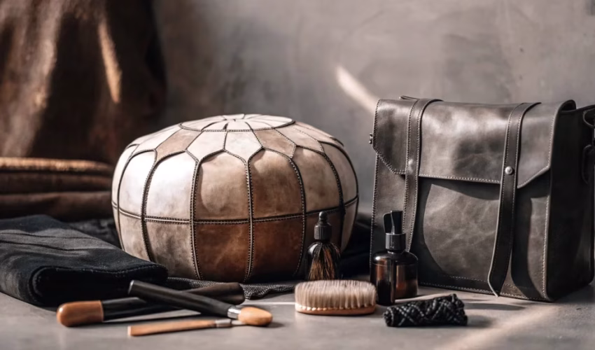 Traditional Moroccan leather goods with natural care products and tools arranged artistically