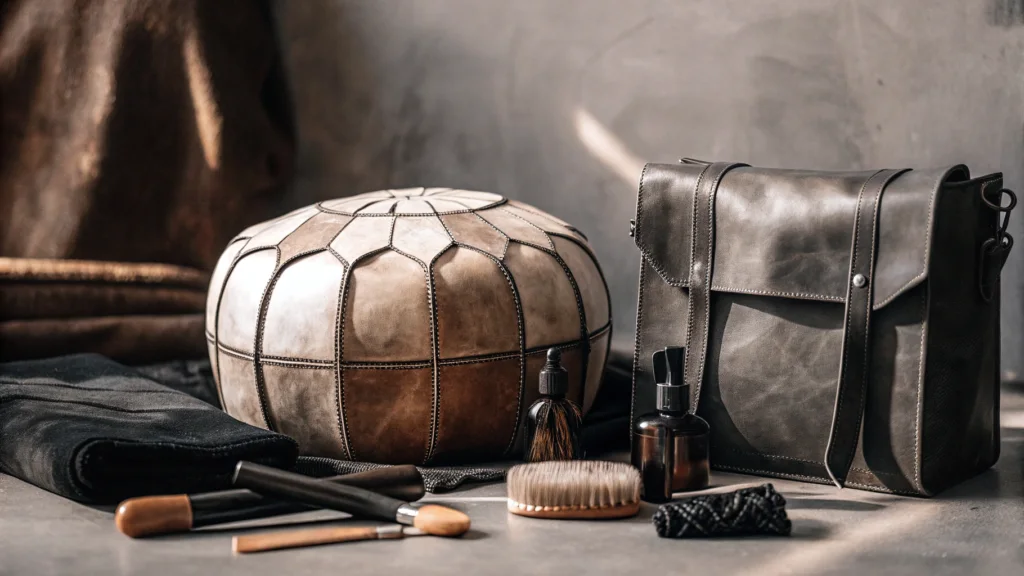 Traditional Moroccan leather goods with natural care products and tools arranged artistically