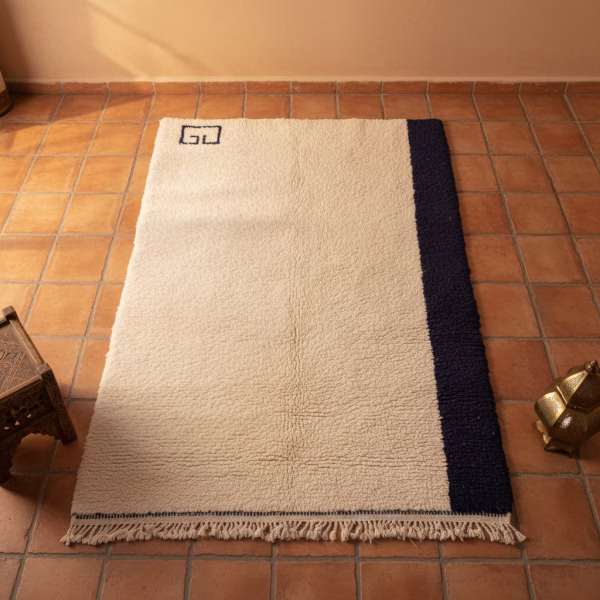 Artisan minimalist rug with geometric 'GD' monogram and navy stripe on terracotta tile flooring showcasing Moroccan craftsmanship
