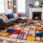 Colorful Moroccan patchwork rug styled in contemporary living room with fireplace