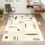 Moroccan Berber rug in modern office with geometric olive patterns on cream wool handwoven carpet