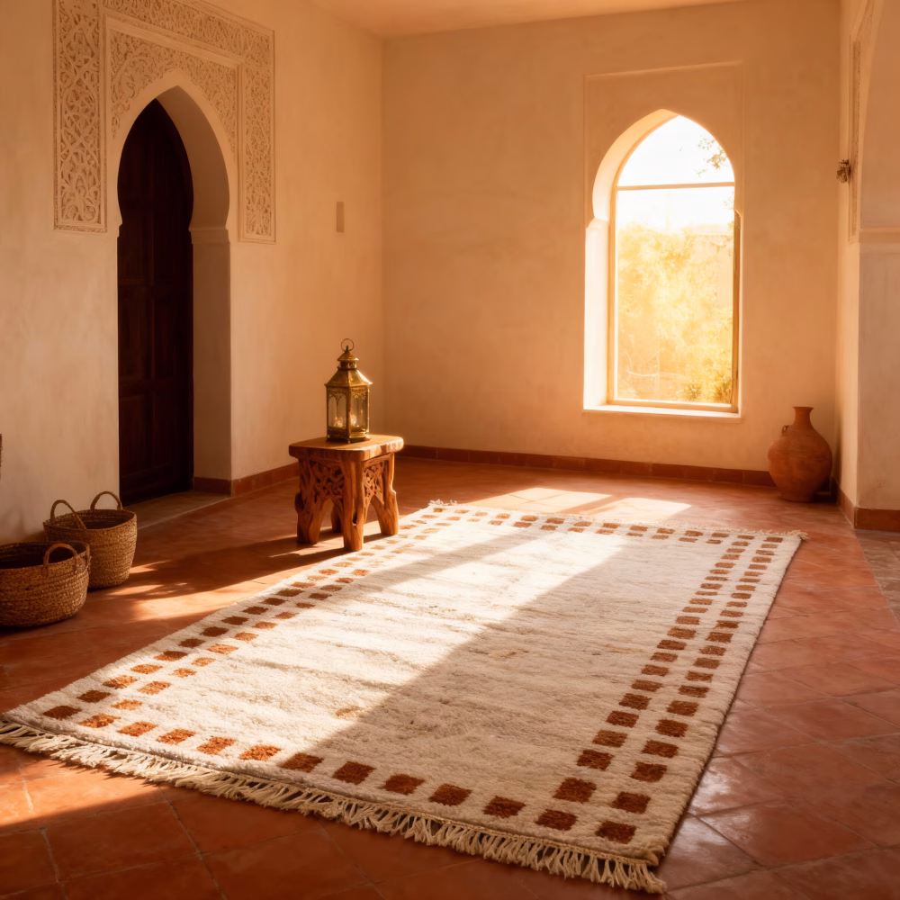 Cream and brown border rug with geometric pattern in traditional Moroccan room with arched doorway