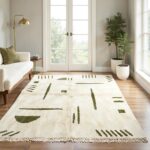 Moroccan Berber rug cream wool with olive geometric patterns modern living room handwoven carpet design