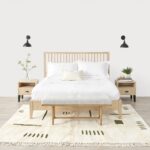 Moroccan Berber rug geometric wool design cream and olive bedroom decor with handwoven fringe detail