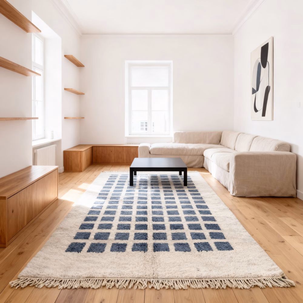 Grid pattern Moroccan rug with gray squares in modern minimalist living room featuring beige sectional sofa and natural wood built-in storage