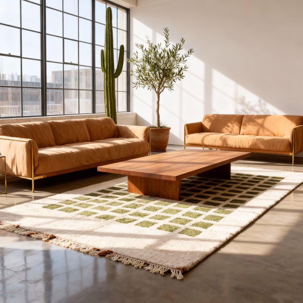 Grid pattern Moroccan rug with green squares in modern minimalist living room featuring brown sectional sofa.