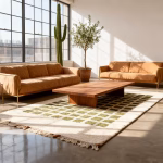 Grid pattern Moroccan rug with green squares in modern minimalist living room featuring brown sectional sofa.