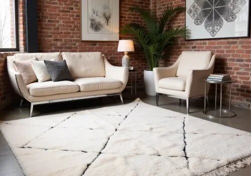 Modern living room blending Scandinavian minimalism with Moroccan accents