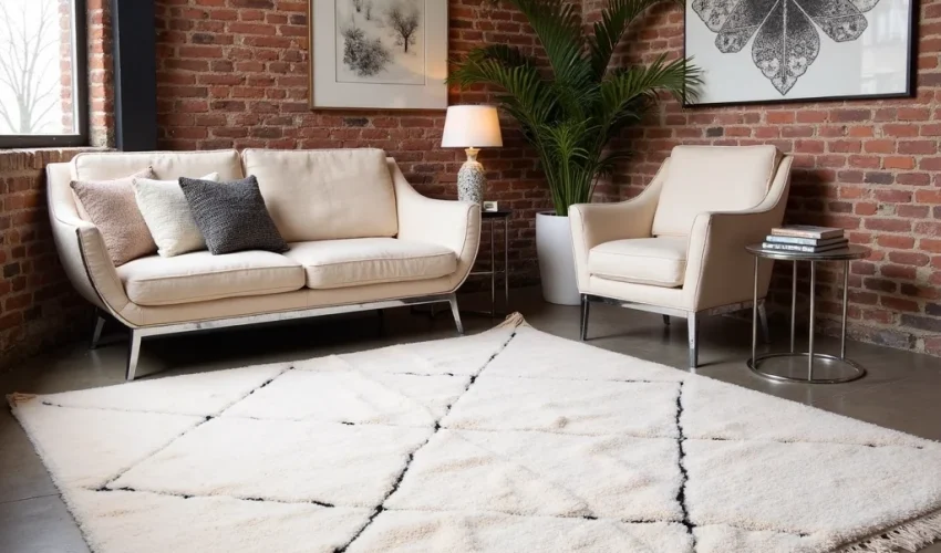 Modern living room blending Scandinavian minimalism with Moroccan accents