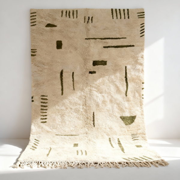 Handwoven Modern Berber rug close-up showing cream base with olive green geometric patterns and traditional fringe detail