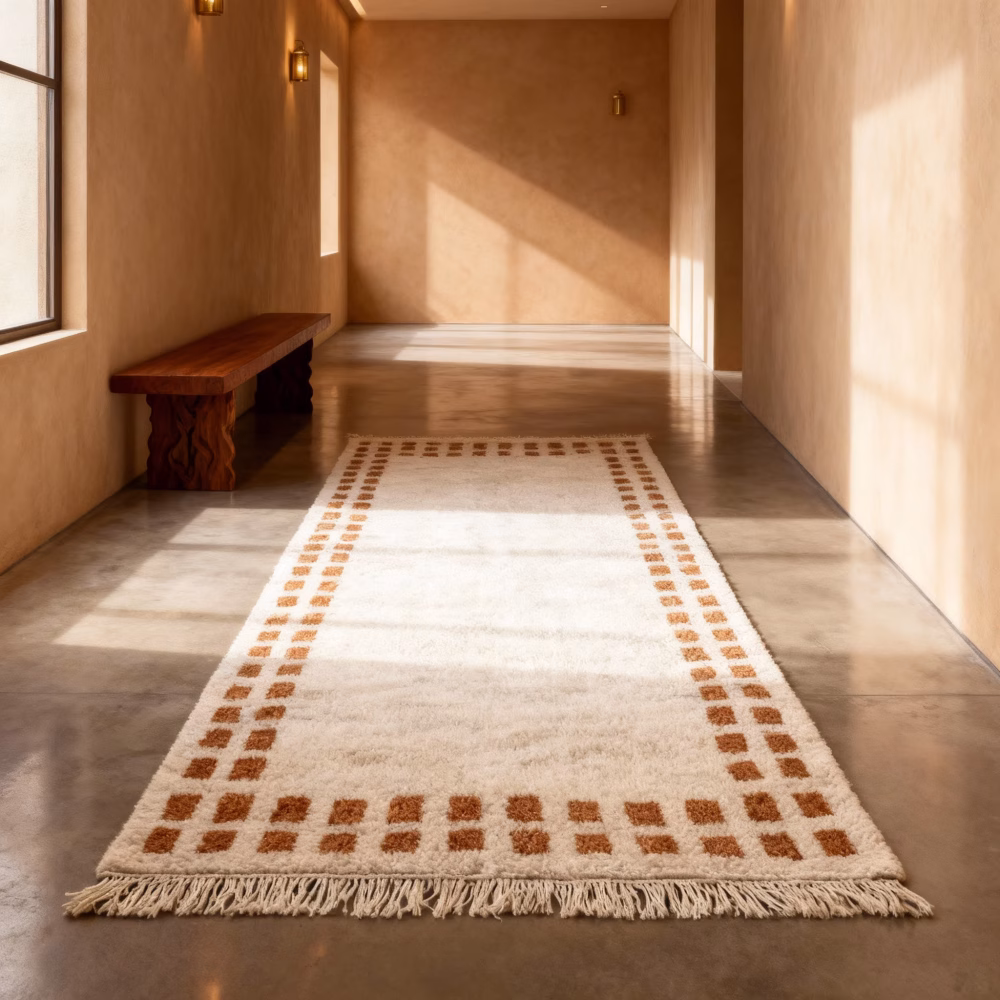 Handwoven border rug with terracotta and cream geometric design in minimalist modern hallway