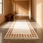 High-pile handwoven wool rug with double-row terracotta square border in minimalist hallway