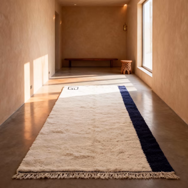 Handwoven minimalist rug featuring natural beige wool with dark blue border displayed in warm-toned interior hallway