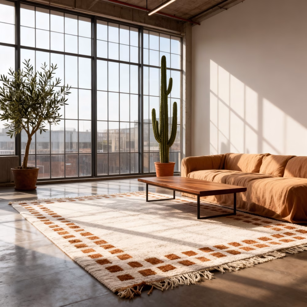 Large border rug with brown and beige pattern in contemporary living room with industrial windows