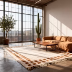 Large border rug with brown and beige pattern in contemporary living room with industrial windows