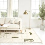 Moroccan Berber rug geometric olive pattern handwoven wool cream carpet in modern dining room setting