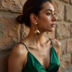 Profile view of hammered brass earrings with curved petal shape and warm golden hammered texture